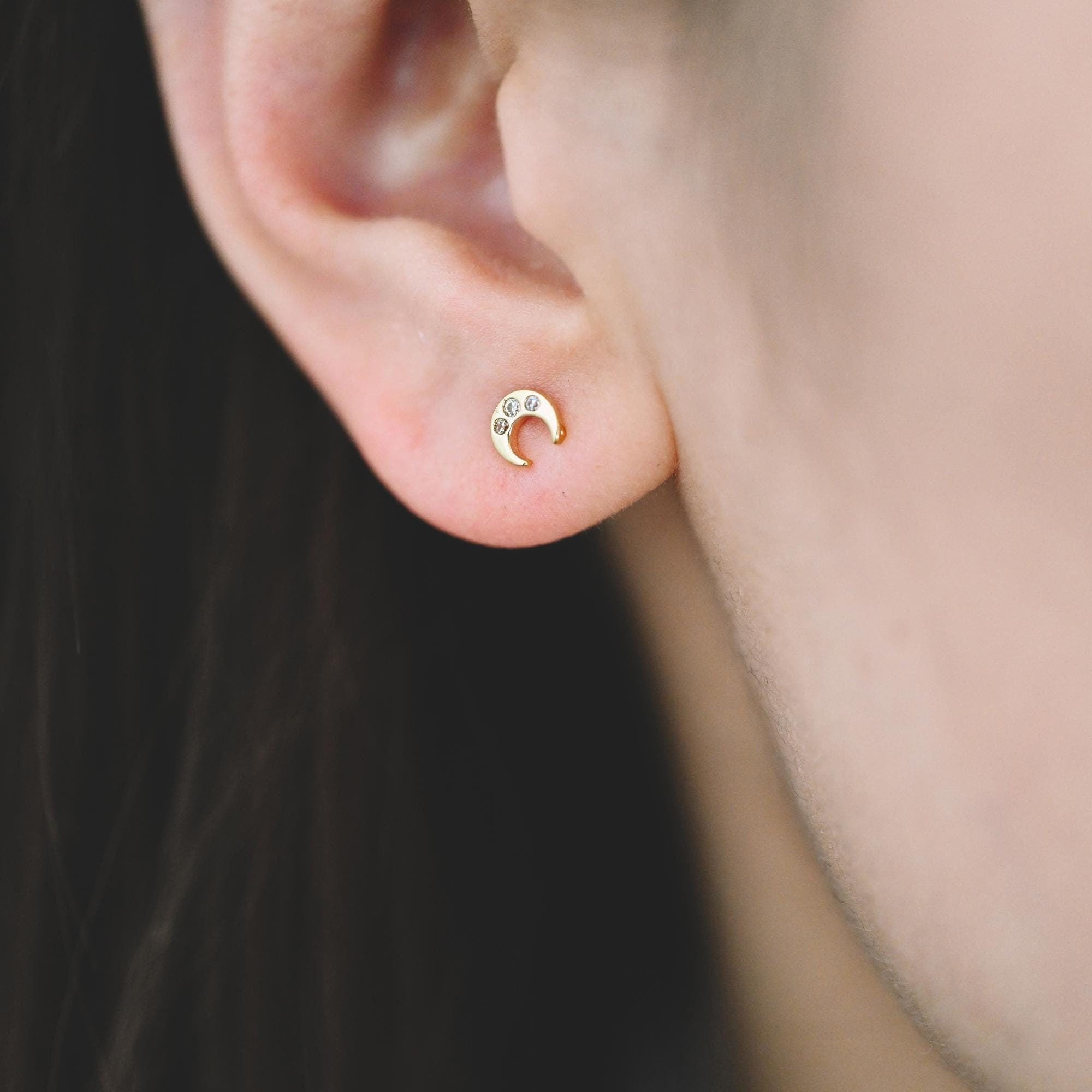 10pcs CZ Pave Gold/ Silver Tone Moon Earrings, Real Gold/ Rhodium Plated Brass, Minimalist Stud Earrings (#GB-3041-G)